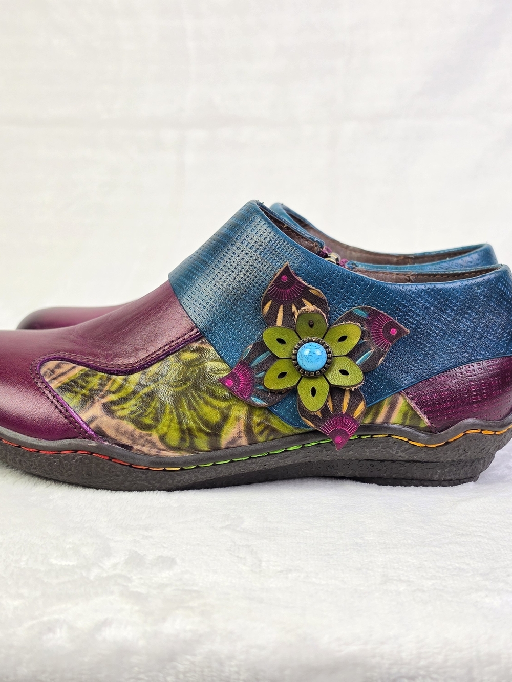 Socofy Shoes Womens 39 Floral Ankle Boots Burgundy Blue Green Zip Comfort Casual - Picture 4 of 12